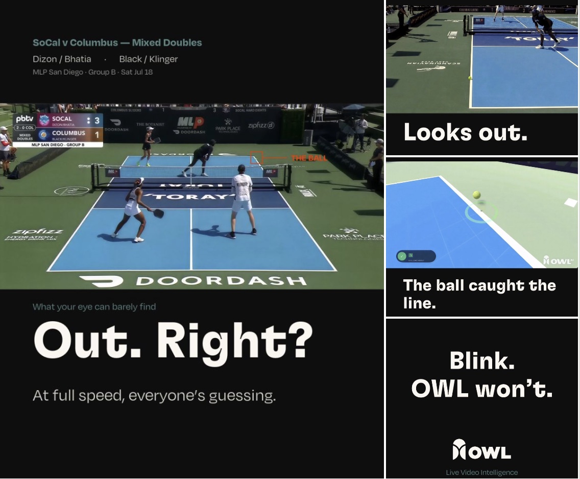 MLP broadcast line call: a rally frame captioned 'Out. Right?', the zoomed view that 'Looks out.', and Owl's 3D court reconstruction showing the ball caught the line — 'Blink. OWL won't.'